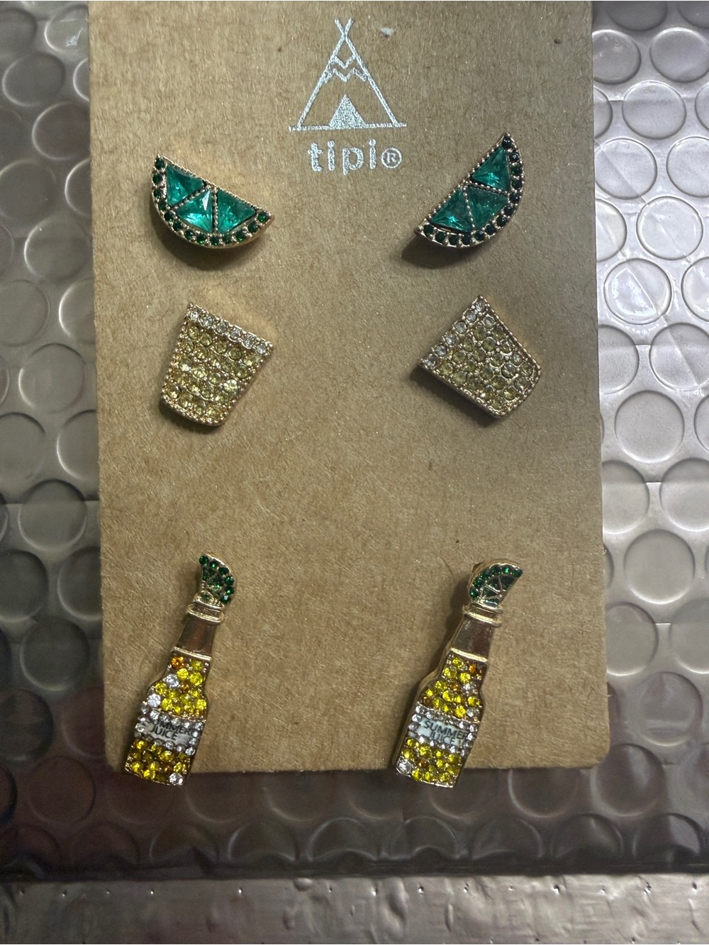 Crystal Fruit & Bottle Stud Earring Set - Green and Yellow